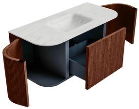 Mondiaz Kurve-dlux 100cm badmeubel ronding links/rechts ruby met 1 lade en 2 deuren en wastafel grunne midden zonder kraangat opalo