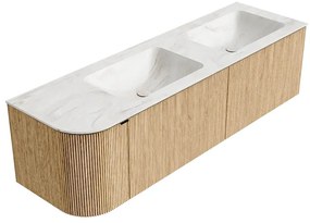 Mondiaz Kurve-dlux 155cm badmeubel ronding links oak met 2 lades en 1 deur en wastafel leaf dubbel/rechts 2 kraangaten ostra