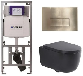 QeramiQ Dely Swirl Toiletset - 36.3x51.7cm - Geberit UP320 Burda inbouwreservoir - 35mm zitting - geborsteld messing bedieningsplaat - rechthoekige knoppen - mat zwart 0701131/SW706201/SW1000769/SW1026258