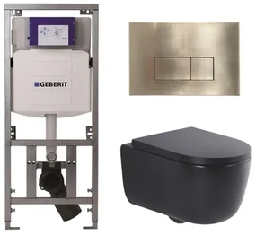 QeramiQ Dely Swirl Toiletset - 36.3x51.7cm - Geberit UP320 Burda inbouwreservoir - 35mm zitting - geborsteld messing bedieningsplaat - rechthoekige knoppen - mat zwart 0701131/SW706201/SW1000769/SW1026258