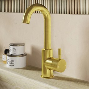 Saniclear Matrix Curved wastafelkraan geborsteld messing - mat goud