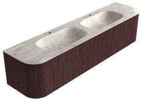 Mondiaz Kurve-dlux 190cm badmeubel ronding links/rechts ruby met 2 lades en deuren en wastafel stor small dubbel 2 kraangaten ostra