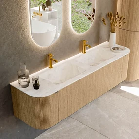 Mondiaz Kurve-dlux 170cm badmeubel ronding links/rechts oak met 1 lade en 2 deuren en wastafel leaf dubbel 2 kraangaten frappe
