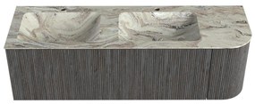Mondiaz Kurve-dlux 145cm badmeubel ronding rechts shadow met 1 lade en deur en wastafel leaf dubbel/links 2 kraangaten glace
