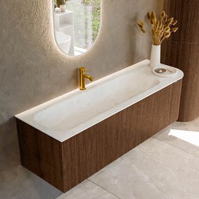 Mondiaz Kurve-dlux 145cm badmeubel ronding rechts walnut met 1 lade en deur en wastafel big large kraangat links opalo