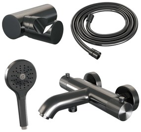 Brauer Gunmetal Carving thermostatische badkraan met wandhouder en 3 standen handdouche gunmetal geborsteld PVD