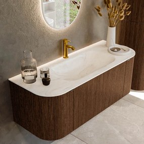 Mondiaz Kurve-dlux 120cm badmeubel ronding links/rechts walnut met 1 lade en 2 deuren en wastafel big small midden 1 kraangat ostra