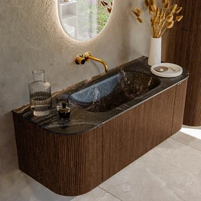 Mondiaz Kurve-dlux 120cm badmeubel ronding links/rechts walnut met 1 lade en 2 deuren en wastafel big small midden zonder kraangat lava