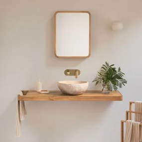 Conjunto Van Meubel 130x45 Cm Hangend In Teakhout Neill Teakhout & Onregelmatige In Beige Cement ↔︎40 Cm Fedro & Geborsteld Goud Inbouw Met Aftapkraan
