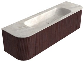 Mondiaz Kurve-dlux 160cm badmeubel ronding links/rechts ruby met 1 lade en 2 deuren en wastafel big medium midden zonder kraangat ostra