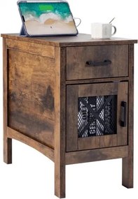 VEVOR Bijzettafel Nachtkastje met USB-poorten en -aansluitingen, 3-laags bijzettafel met opbergkast en 1 lade, voor woonkamer, slaapkamer, kantoor, bruin