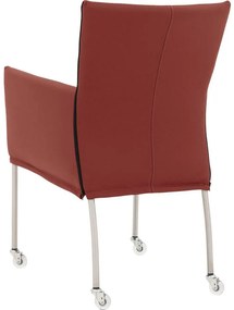 Goossens Eetkamerstoel Funk RVS Poten rood leer met armleuning en met wielenTransparant skater wiel met rvs kap, modern design
