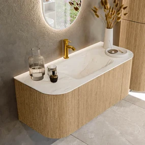 Mondiaz Kurve-dlux 110cm badmeubel ronding links/rechts oak met 1 lade en 2 deuren en wastafel cloud midden 1 kraangat ostra