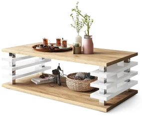 PORTO Eik Ambachtelijk Goud/Wit glans - MODERNE KOFFIETAFEL MET LAMELLEN 2IN1, OP WIELEN/POTEN