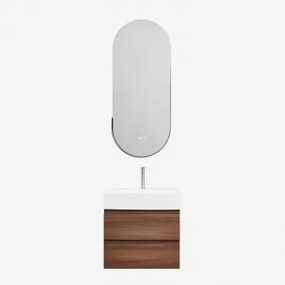 Badkamermeubelset Van Hout En Essenhoutfineer Met Geïntegreerde Wastafel Ona Donker Hout & Oval Led And Antifog Black 45x105 Cm Vacson - Sklum