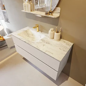 Mondiaz Vica DLux badmeubel 110cm linen 2 lades met wastafel glace links 1 kraangat