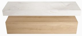 Mondiaz Alan DLux badmeubel 150cm washed oak 1 lade met wastafel ostra rechts 1 kraangat