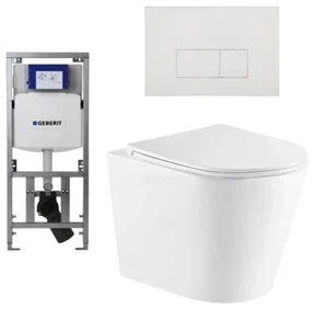 QeramiQ Dely Toiletset - 36.3x51.7cm - diepspoel - rimless - Geberit UP320 Burda inbouwreservoir - softclose toiletzitting - glans witte bedieningsplaat - rechtehoekige knoppen - wit glans SW543431/0701131/SW706187