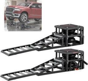 VEVOR Air draagbare autoliften, 2 stuks, 5 ton capaciteit, maximale hefhoogte 32 cm, pneumatische oprijplaten met luchtvering, wielkeggen, verlengstukken en verhoogde kolommen, voor sedans, SUV's en pick-ups.