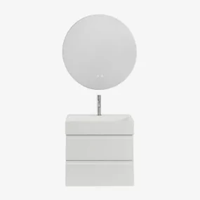 Badkamermeubelset Van Hout En Essenhoutfineer Met Geïntegreerde Wastafel Ona Wit & Round Led And Antifog Ø70 Cm Solyn & Geborsteld - Sklum