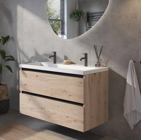 Saqu Gaia badmeubel incl. mat witte wastafel 100x52x64cm naturel eiken – zwarte greeplijst