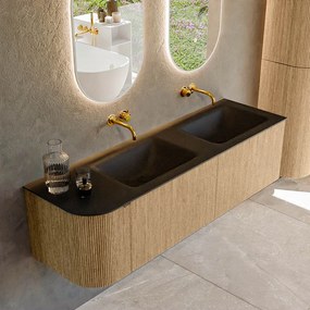 Mondiaz Kurve 155cm badmeubel ronding links oak met 2 lades en 1 deur en wastafel cloud dubbel/rechts zonder kraangat urban