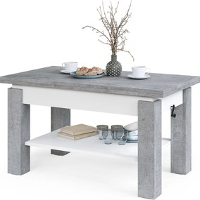 BRAVO beton / wit – uitschuifbare en in hoogte verstelbare salontafel, tafel met plank
