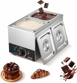 VEVOR Chocoladesmeltmachine met 2 verwijderbare roestvrijstalen containers, 800 W, voor bakkerijen, patisserieën en restaurants, met temperatuurregeling 30–85 ℃, droogloopbeveiliging, chocoladetempermachine