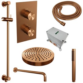 Brauer Stripe inbouw regendouche met 25cm hoofddouche, met gebogen muurarm, glijstang en staafhanddouche set 20 koper geborsteld PVD