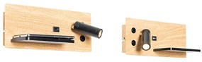 Set van 2 wandlamp zwart met hout incl. LED met USB en inductielader - Riza