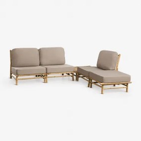 Tuinset Met 3-delige Modulaire Bank, Poef En Vierkante Salontafel 75x75 Cm Van Bamboe Isendra Mokka Bruine Stof - Sklum