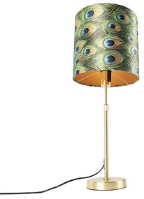 Stoffen Tafellamp goud/messing met velours kap pauw 25 cm - Parte Klassiek / Antiek E27 cilinder / rond rond Binnenverlichting Lamp