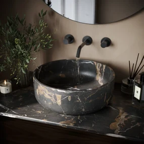 Fontana Portoro Gold marmer badmeubel 120cm mat zwart met ribbelfront en toppaneel met ronde waskommen