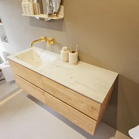 Mondiaz Vica DLux badmeubel 130cm washed oak 4 lades met wastafel opalo links zonder kraangat