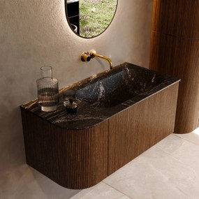 Mondiaz Kurve-dlux 95cm badmeubel ronding links dusk met 1 lade en deur en wastafel big small rechts zonder kraangat lava