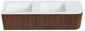 Mondiaz Kurve 155cm badmeubel ronding rechts walnut met 2 lades en 1 deur en wastafel cloud dubbel/links zonder kraangat