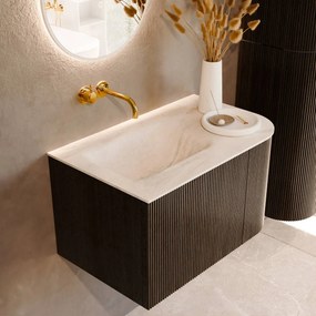 Mondiaz Kurve-dlux 75cm badmeubel ronding rechts shadow met 1 lade en deur en wastafel grunne links zonder kraangat ostra