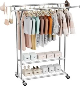 VEVOR Rolkledingrek met 2 kledingstangen en 2 planken, draagvermogen tot 120 kg, in hoogte verstelbaar kledingrek van koolstofstaal voor de wasruimte in de slaapkamer