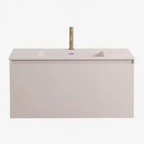 Macrae Zwevend Houten Badkamermeubelset Met Geïntegreerde Wastafel Beige – Linnen & Spiegelloze & Geborsteld Goud ↑20 Cm Met Overloop Aftapventiel Orv