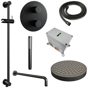 Brauer Stripe inbouw regendouche rond met 25cm hoofddouche, rond met gebogen muurarm, glijstang en staafhanddouche set 44 zwart mat