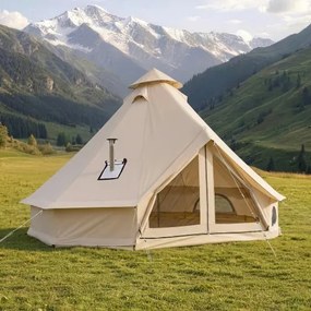 VEVOR Oxford Bell Tent, 5m Yurt, 4 Seizoenen, met schoorsteenopening, slaapt tot 7 personen, met uitneembare vloer (ritssluiting), ideaal voor gezinskamperen en buitenactiviteiten, beige