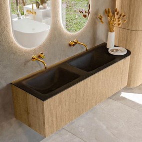 Mondiaz Kurve 145cm badmeubel ronding rechts oak met 1 lade en deur en wastafel cloud dubbel/links zonder kraangat urban
