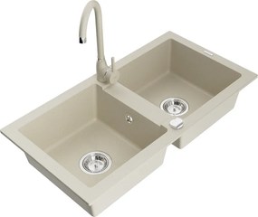 Mexen Mario granitische gootsteen met 2 kamers en keukenmengkraan Telma, beige - 6504-69-670200-69