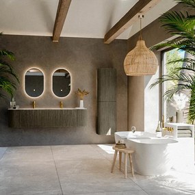 Mondiaz Kurve-dlux 180cm badmeubel ronding links/rechts shadow met 2 lades en deuren en wastafel leaf dubbel 2 kraangaten frappe