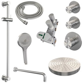 Brauer Stripe inbouw regendouche met 25cm hoofddouche, gebogen muurarm en 3 standen handdouche en glijstang set 11 RVS geborsteld PVD