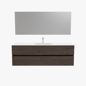 Zaro Valencia Solid Surface badmeubel 150cm donker eiken 1 kraangat spoelbak midden met 2 lades