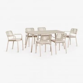 Rechthoekige Tuintafelset 160x90 Cm Met 6 Stapelbare Tuinstoelen Van Gevlochten Touw Arhiza Tapioca Beige - Sklum