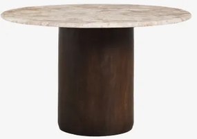 Ronde Eettafel Ø120 Cm Luceida Beige Marmer Panther & Donker Handvat Hout - Sklum