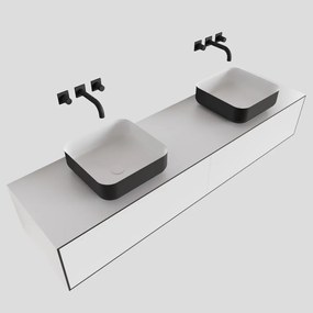 Zaro Lagom volledig naadloos solid surface onderkast met topblad 170cm mat zwart met 2 lades Push tot open. Compleet met solid surface opzetkom met 0 kraangat(en)