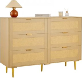 VEVOR Rattan Commode met 6 Laden, Metalen Handgrepen en Poten, Moderne Rattan Kast voor Slaapkamer, Woonkamer, Hal (120 x 39,5 x 85,4 cm) Kledingkast